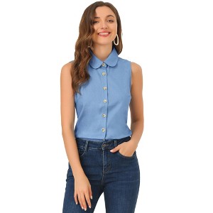 INSPIRE CHIC Women's Casual Sleeveless Button Down Peter Pan Collar Chambray Shirt - 1 of 4