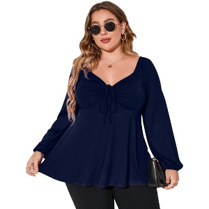 Coolmee Women's Plus Size Blouses Long Sleeve Sweetheart Neck Babydoll Ruffle Peplum Smocked Cute Casual Tops with Drawstring - 1 of 4