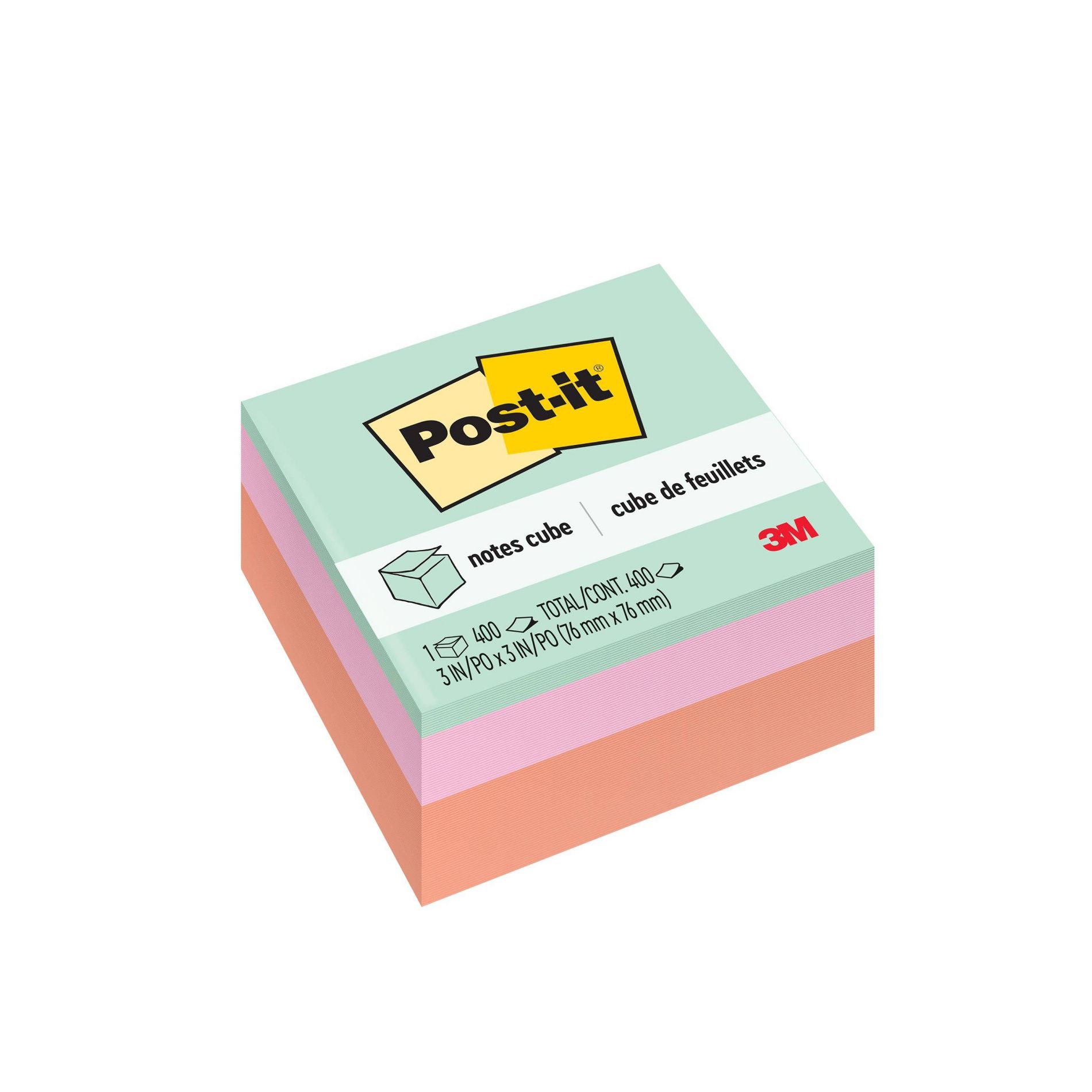 Post-it® Notes Cube, 3" x 3" - Assorted Colors, 400 Sheets/Cube: Multicolor Sticky Notes, Uncoated Paper, Glue Binding