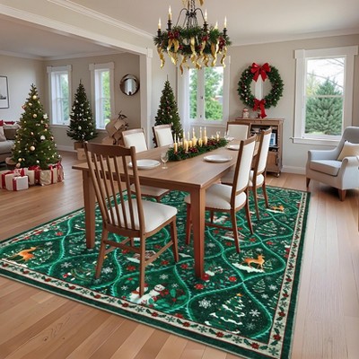 Christmas Area Rug, Xmas Theme Print Throw Carpet with Non Slip Backing, Low Pile Stain Resistant Floor Carpet for Living Room, Bedroom