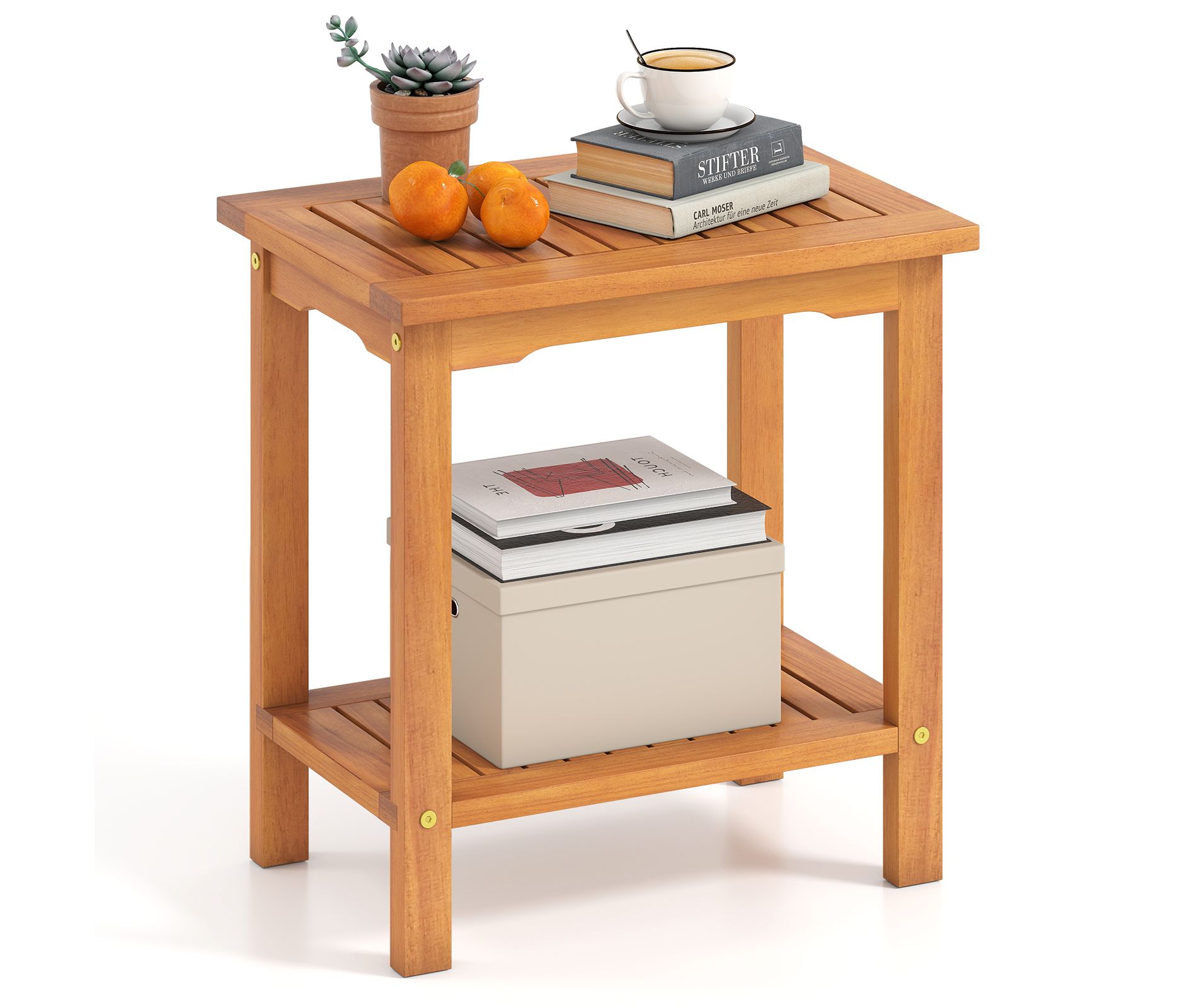 Tangkula Outdoor Acacia Wood Side Table 2-Tier Patio End Table w/ Slatted Tabletop