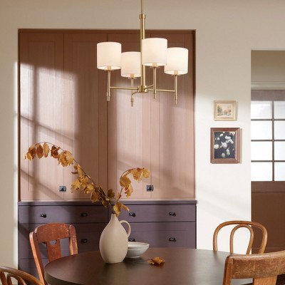 Brushed Brass Mini 4-Light Chandelier with Fabric Drum Shades