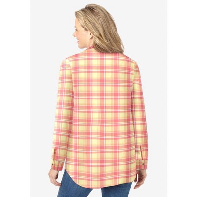 Ivory Multi Plaid Pintucked Cotton Flannel Shirt, Plus Size