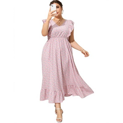 Clearlove Women's Summer Plus Size Dress Ruffle Cap Sleeveless V Neck Side Split Long Beach Maxi Dress