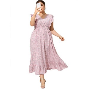 Clearlove Women's Summer Plus Size Dress Ruffle Cap Sleeveless V Neck Side Split Long Beach Maxi Dress - 1 of 4
