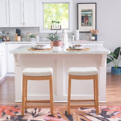 Natural Wood Backless Saddle Counter Stool with Striped Linen Seat