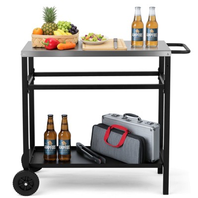 ROVSUN Grill Dining Cart Table, Stainless Steel Bar Table Top, Movable Kitchen Island Stand for Outdoor Food Prep, Pizza Oven, Charcoal Accessories