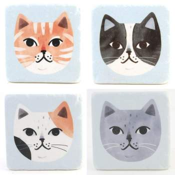 Tabletop Cat Coasters Set/4  -  Four Coasters 4 Inches -  Gray Black White Tabby  -  Cb176108  -  Resin  -  Blue