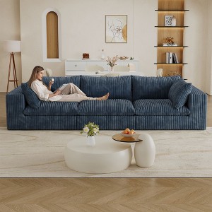118.2" Blue  Corduroy Fabric Deep Seat Couches Cloud Sofa for Living room Double-layer design Removable  Cushion No Assembly - 1 of 4