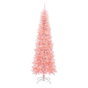 LuxenHome 7Ft Pre-Lit Pink Slim Tree with Metal Stand - 1 of 4
