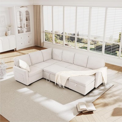Dyonery oversized 101 '' convertible bed sofa with storage bench, 7-seater combination sofa in living room