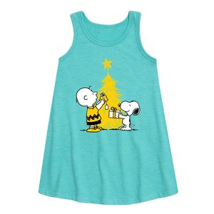 Girls' - Peanuts - Xmas Charlie And Snoopy Graphic Sleeveless Aline Dress - 1 of 4