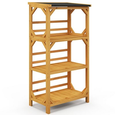 Tangkula Outdoor Wood Garden Shelf 3-Tier Ladder Plant Stand w/ Weatherproof Asphalt Roof