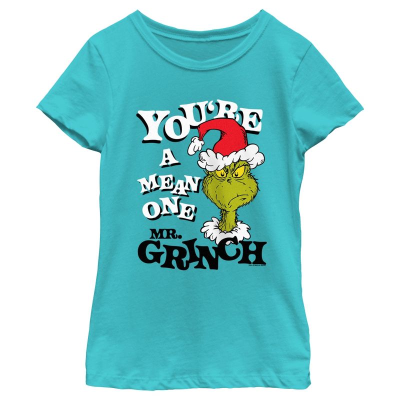 Girl's Dr. Seuss Christmas The Grinch You're a Mean One Portrait T-Shirt, 1 of 5