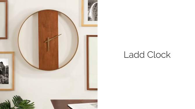 Kate and Laurel Ladd Round Metal Wall Clock, 24" Diameter, Walnut Brown and Gold, 2 of 9, play video