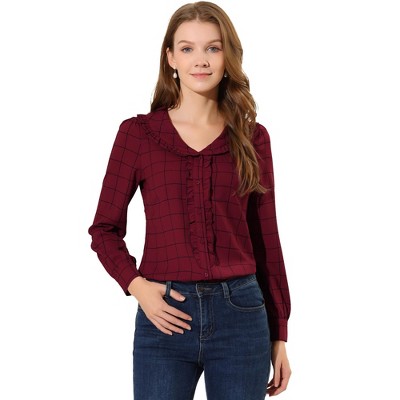 Allegra K Women's Cute Collar Checked Long Sleeve Button-Down Shirts