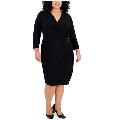 Kasper Womens O-Ring Wrap Midi Dress, Black, 3X