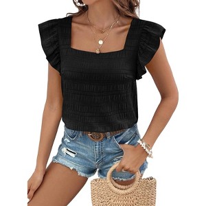 Fulvari Women's 2025 Summer Ruffle Cap Sleeve Blouse Square Neck Textured Shirt Dressy Casual Tops - 1 of 4