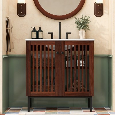 Christopher Knight Home Raja 30" Contemporary Vintage Bathroom Vanity with Ceramic Sink and Fence Door, Dark Brown