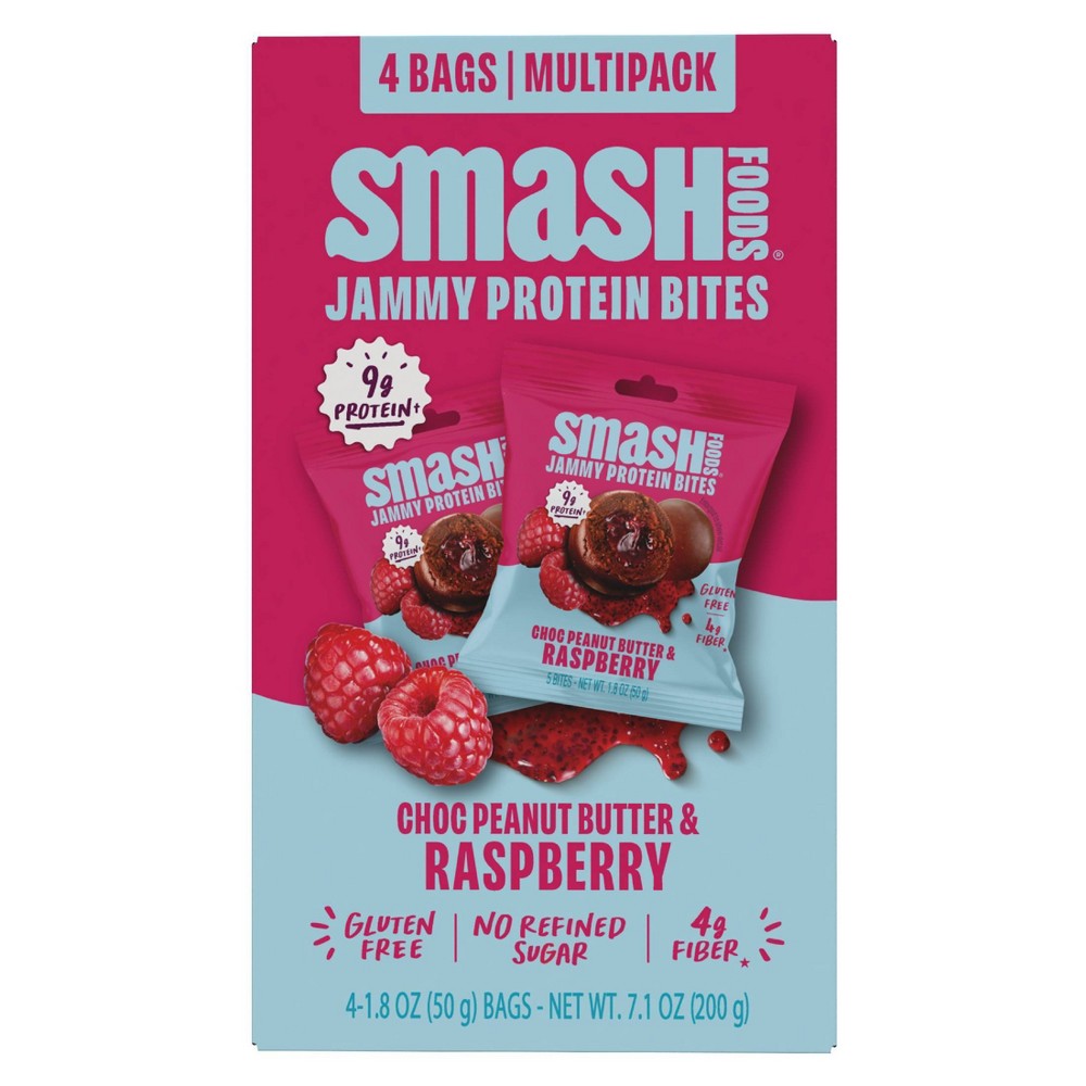 Smash Foods Gluten Free Choc Peanut Butter & Raspberry Jam Protein Bites - 9g Protein - 7.1oz/4pk