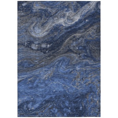 Denim Blue And Sky Blue Abstract Washable Indoor Outdoor Area Rug