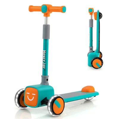 Infans Kids Scooter, Foldable Toddler Self Balancing Scooter, 4 Expression Cover, Flashing 3-Wheels Lean to Steer Kick Scooter, Gift for Age 3+, Green