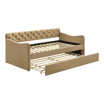 HOMES: Inside + Out Twin Alisa Upholstered Daybed with Trundle Brown : Ideal for Small Spaces, Polyester Fabric