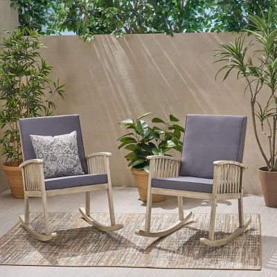 Gray Acacia Wood Outdoor Rocking Chairs with Cushions, Set of 2