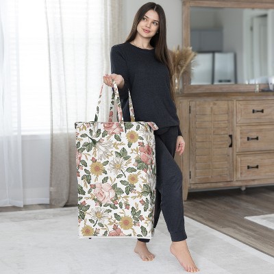 Blush Pink Floral Canvas Collapsible Laundry Hamper with Lid