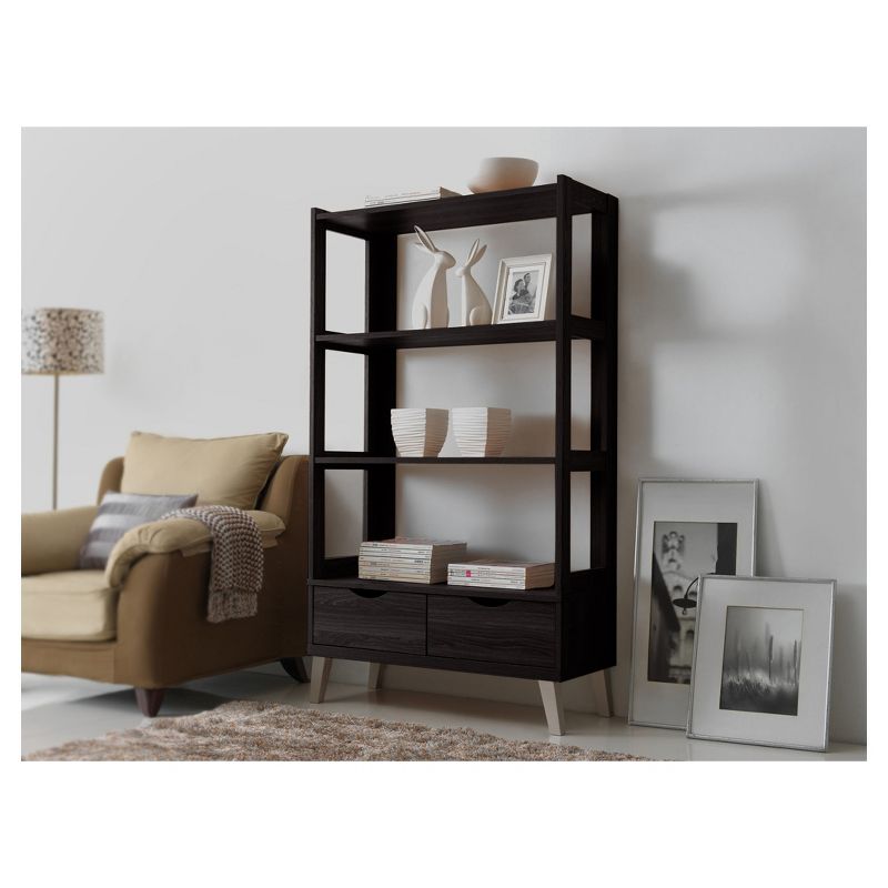 62.4&#34; 2 Drawers Kalien Modern and Contemporary Bookshelf with Display Shelves Espresso Brown - Baxton Studio, 6 of 7