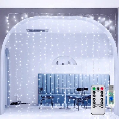 Ollny 300 LED Cool White Curtain Lights (Clear Cable, USB, 8 Modes, IP44 Waterproof)