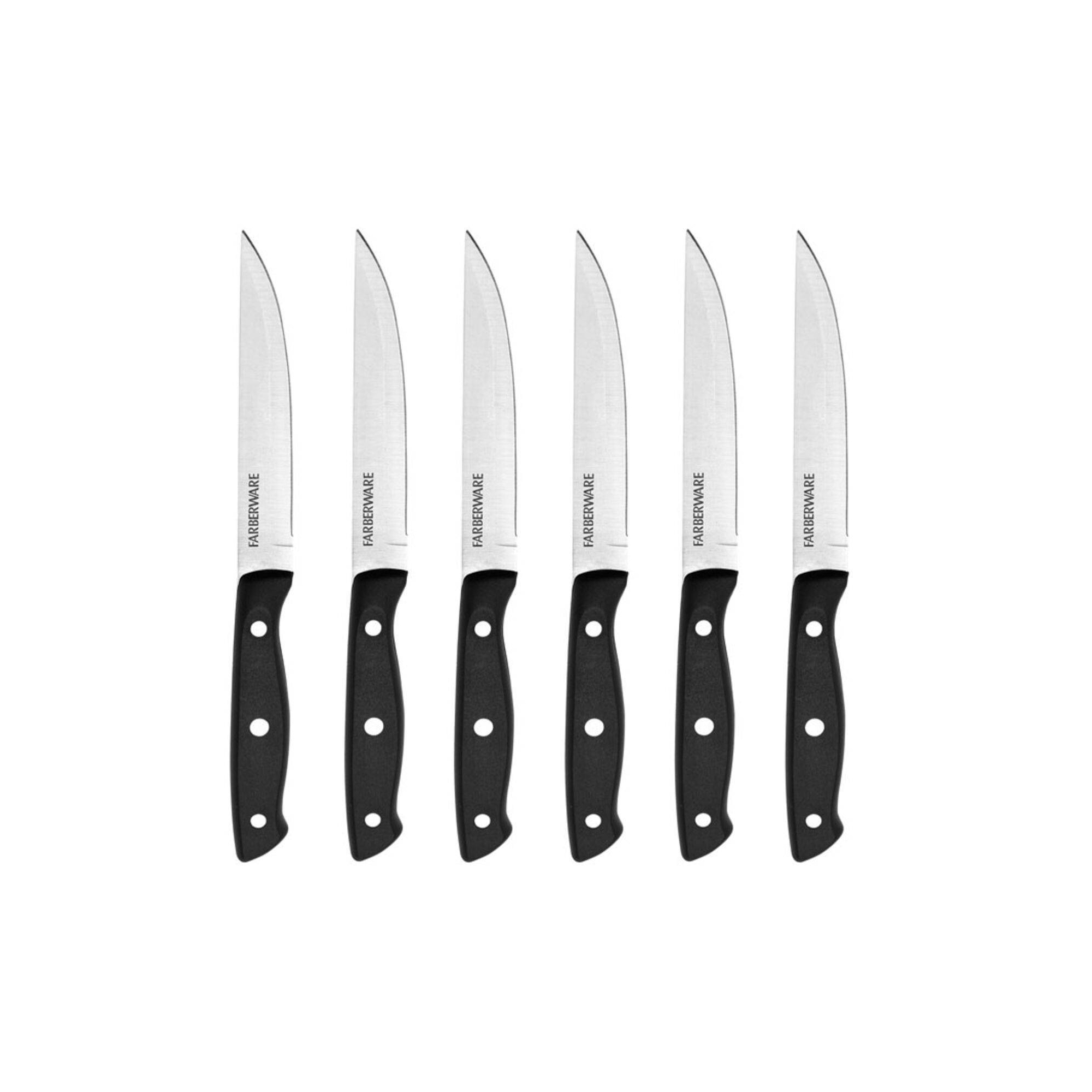 Farberware 6pc Steak Knife Set: Stainless Steel Blades, Black Plastic Handles, Hand Wash, Lifetime Limited Warranty