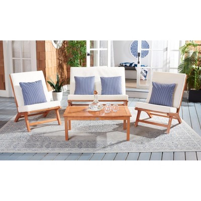 Natural Wood 4-Piece Patio Set with Beige Cushions and Navy Striped Pillows