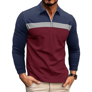 Men's Long Sleeve Polo Shirt Color Block Half Zip Blouse - 1 of 4