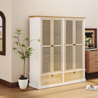 UPHA 4 Shutter Door Wardrobe Armoire Closet with 2 Drawers, Natural+White