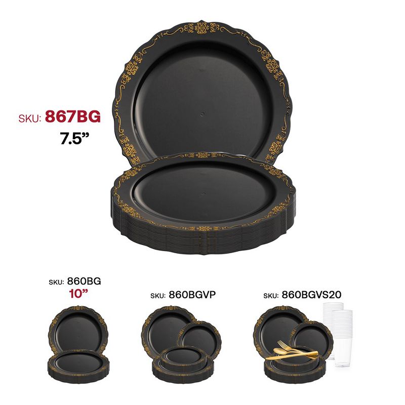 Smarty Had A Party 7.5" Black with Gold Vintage Rim Round Disposable Plastic Appetizer/Salad Plates (120 Plates), 5 of 7
