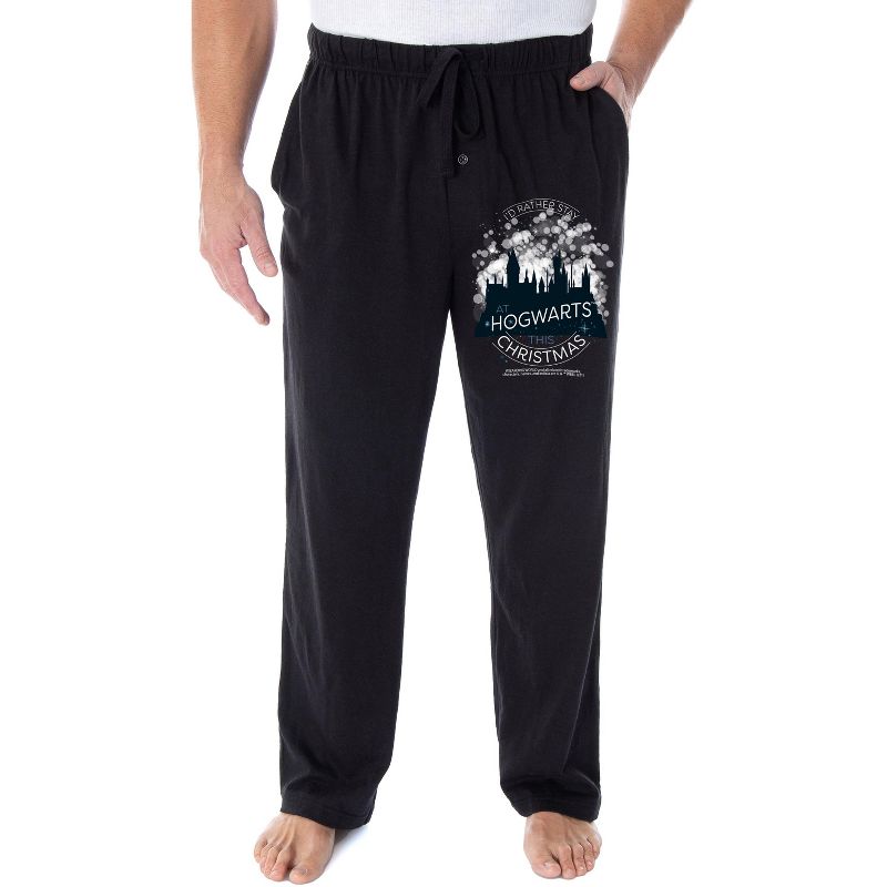 Harry Potter Men's I'D Rather Stay At Hogwarts This Christmas Pajama Pants Black, 1 of 4
