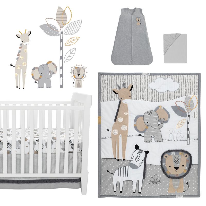 Lambs & Ivy Jungle Safari Gray/Tan/White Nursery 6-Piece Baby Crib Bedding Set, 1 of 11