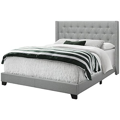 Monarch Specialties Bed, Queen Size, Bedroom, Upholstered, Grey Linen Look, Chrome Trim, Transitional