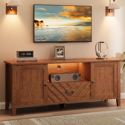 Acekool 60" V-Shaped Retro TV Stand with LED Lights, White Entertainment Center with Drawer & Storage for 65” TV, Long Console Table