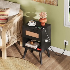 GALAXHERO Rattan Nightstands Set of 2 with Charging Station Boho Wood Side Tables Small End Tables with Drawers for Bedroom - 1 of 4