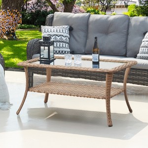 POCASSY Wicker Outdoor Coffee Table, Patio Furniture Rectangular Tempered Glass Top Coffee Table with 2-Lyer Storage - 1 of 4