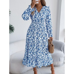 Coolmee Women Boho Floral Waist Smocked Cross V Neck Ruffled Long Sleeve Casual A-Line Midi Dress - 1 of 4