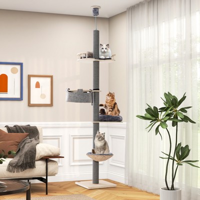 Adjustable Height Grey and Natural 5-Tier Floor-to-Ceiling Cat Tree