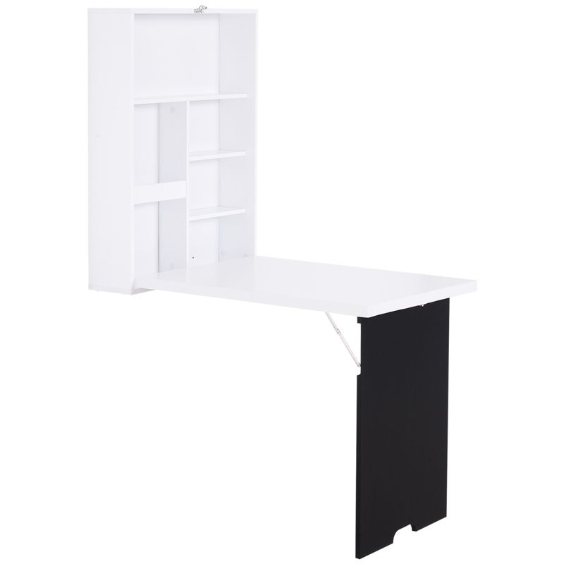 HOMCOM Wall Mounted Foldable Desk with a Blackboard, Fold Out Convertible Floating Desk with Shelves, White, 1 of 8