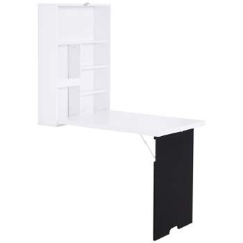 HOMCOM Wall Mounted Foldable Desk with a Blackboard, Fold Out Convertible Floating Desk with Shelves, White
