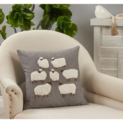 Gray Embroidered Cotton Square Pillow Cover 15.5"