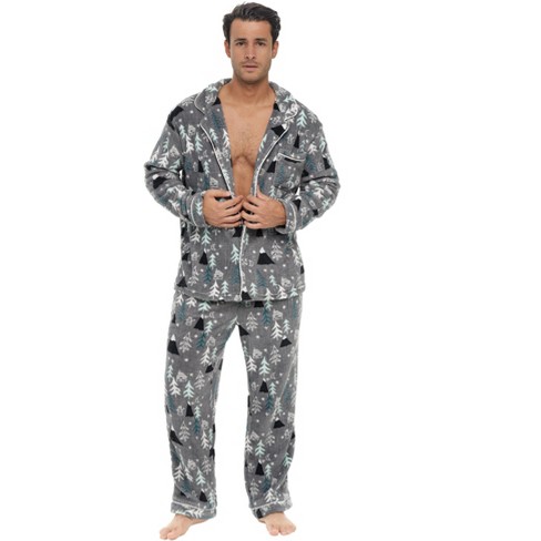 ADR Men's Plush Fleece Pajamas Set, Button Down PJs for Winter Winter  Wonderland Large