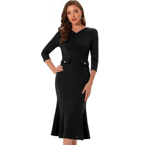 Allegra K Women's Fishtail 3/4 Sleeve Work Vintage Bodycon Dress Black ...