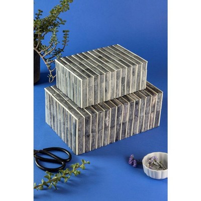 Gray and Ivory Carved Bone Decorative Boxes, Set of 2